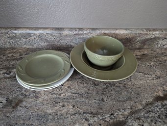 Random Pieces Of Various Stoneware - 6 In Deep Bowl And 11-in Wide Bowl, Three Small Plates