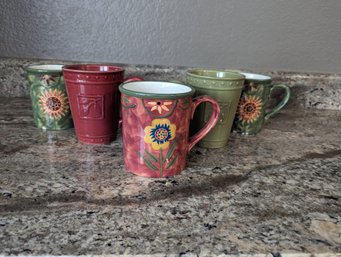 5 Pc Red And Green Floral Stoneware Mugs - Have A Little Light Chipping On The Feet Onto