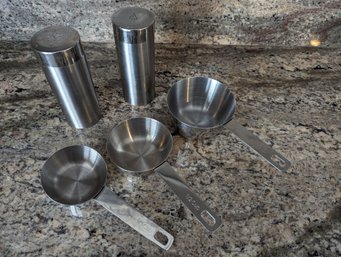 Stainless Steel Kitchen Items, Including Three Cup Measurements And 5-in, Salt And Pepper