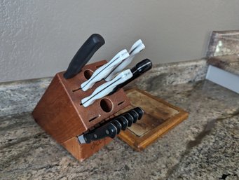 Knife Block With 11 Various Knives And Vintage Trivet