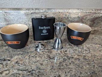 Barware- For Roses, Pocket Flask And Filler With Stainless Steel Shot. Pour And Two Matching Cups