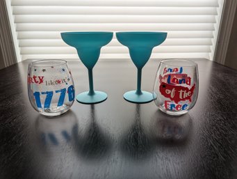 Four Piece Melamine Plastic Barware - Two Daiquiri Glasses And Two Fourth Of July Theme Tumblers