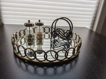 Gorgeous Gold Tone Mirrored Serving Tray With Salt And Pepper Shakers On Napkin Holder