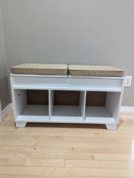 White Seating/ Shoe Storage Bench With Tan Cushions - Cushions Open For More Storage?
