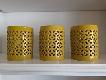 Three Porcelain Yellow Torchiers Or Candle Holders - 4 In Tall By 3 In Wide