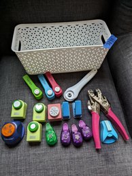 Plastic Bin Of Paper Cutters Fiskars Rolling Cutter And And Grommet Punch