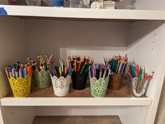 7 Decorative Metal Cups Crammed Full Of Color, Pencils, Color Pens, And Other Art Supplies