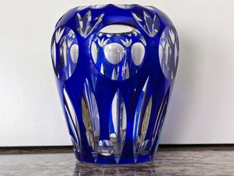 Czech Cut To Clear Cobalt Glass Vase - 4' Tall, 3' Wide