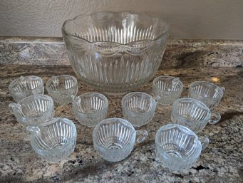 Large Vintage Depression Glass Punch Bowl Set