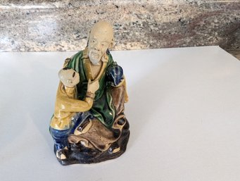Antique Japanese Clay Figurine - Man With Boy