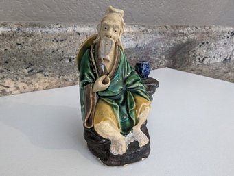 Antique Japanese Clay Figurine - Man With Pipe