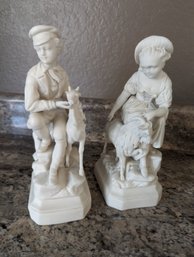 Pair Of White Porcelain Figurines - Children With Animals