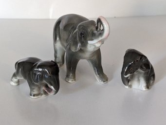 Miniature Porcelain Figurine - Elephant With 2 Babies - 1' And 2' Tall