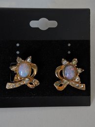 Antique Screw Back Opal (?) And Rhinestone Earrings  - One Stone Is Missing!