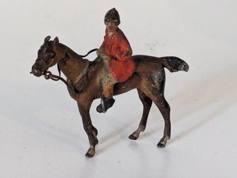 English Pre-War Diecast Lead Tiny Miniature Metal Fox Hunt Figurine  - Rider On Brown Horse