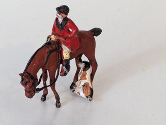 Tiny Miniature Metal Fox Hunt Figurine  - Rider On Brown Horse With Dog