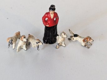 Tiny Miniature Metal Fox Hunt Figurine - Lady With Dogs