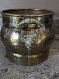 Hammered Brass Planter WITH LION HANDLES, 6.5 In Tall