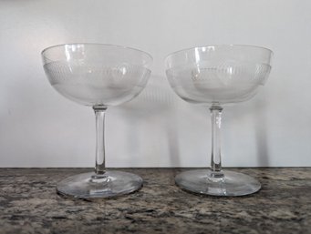 1920/30s Needle Etched Champagne Coupes Glasses