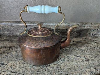 Antique Primitive Brass Or Copper Teapot With Milk Glass Handle