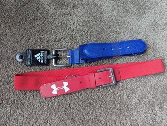 One Red Under Armor Baseball Belt. One Blue Adidas Adult Size 32 To 34-in Baseball Belt Still In Package