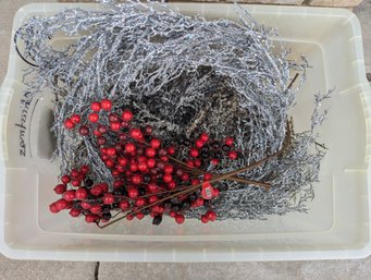 Bin Full Of Of Christmas Decor - Faux Greenery - Cranberry Stems, Silver Frost Stems And Ice Crystal Stems