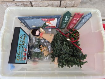 Bin Full Of Of Christmas Decor - Signs, Burlap Angels, Package Of Mini Trees And Ten 6' Trees - Bin Has Crack