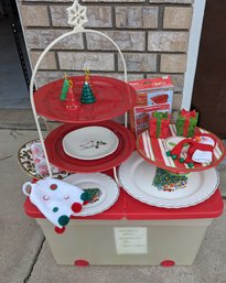 Bin Full Of Christmas Decor - Porcelain Serving Dishes - Footed Cake Plate, Red Plate Dessert Riser & More