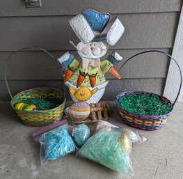 Easter Decor Lot - 24' Metal Easter Bunny With 2 Baskets, Grass, And Giant Eggs