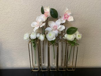 Glass And Gold Tone Bud Vases With Artificial Flowers
