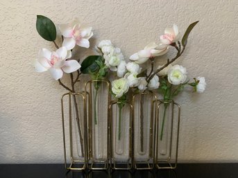 Glass And Gold Tone Bud Vases With Artificial Flowers