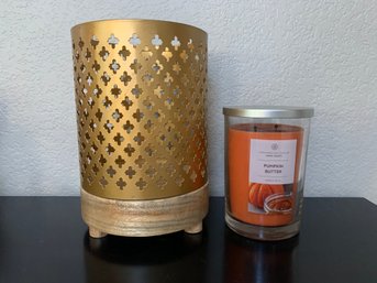 Pumpkin Butter Candle And Gold Tone And Wood Decorative Candle Holder