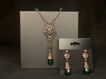 Copper Tone Necklace And Matching Earrings With Green And Flower Bead Accents