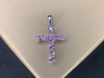 Simulated Pink Diamond Platinum Over Sterling Silver Cross Pendant STS 925
