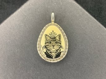 Handmade Etched And Inked Sterling Silver Crowned Cat Pendant Marked GUSS
