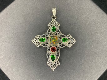 Lab Created Black Opal Mozambique Garnet Russian Diopside Sterling Silver Cross Pendant 925