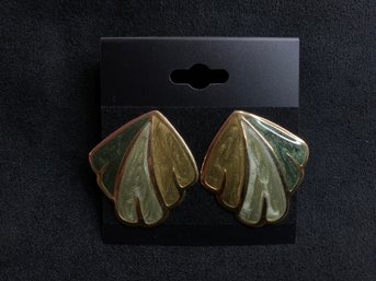 Vintage Gold Tone Shades Of Green Enamel Earrings