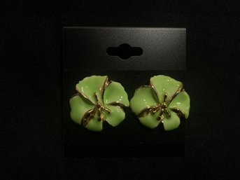Vintage Gold Tone Green Enamel Floral Earrings