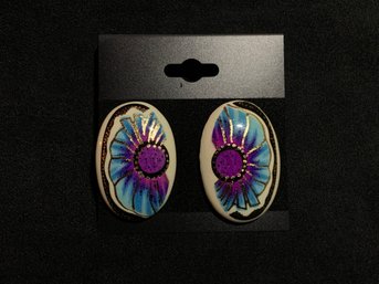 Vintage Oval Earrings With Purple And Blue Floral Design