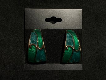 Vintage Gold Tone Green/Teal Enamel Earrings