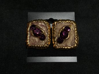 Vintage Gold Tone Enamel Earrings With Purple Accents