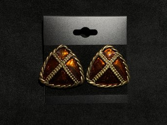 Vintage Gold Tone Amber Tone Enamel Earrings