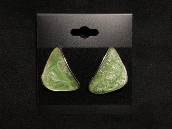 Vintage Silver Tone Green Enamel Earrings