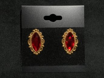 Vintage Gold Tone Earrings With Red Accents