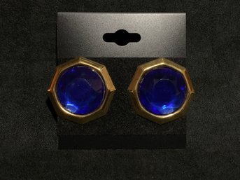 Vintage Gold Tone Earrings With Blue Accents