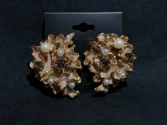 Vintage Gold Tone Enamel Clip On Earrings With Faux Pearl Accents