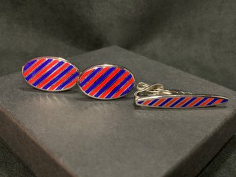 Vintage Swank Silver Tone Red And Blue Cufflinks And Tie Clip