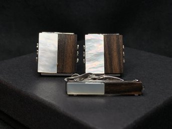 Vintage Swank Silver Tone Wood And Iridescent Accent Cufflinks And Matching Tie Clip