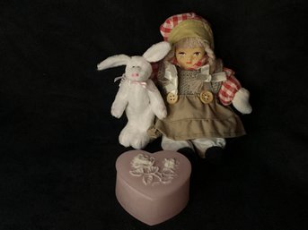 Vintage Heart Shaped Jewelry Box Doll And Bunny Rabbit