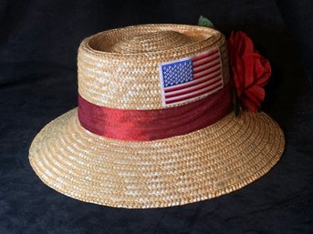 Straw Hat With American Flag And Red Rose.